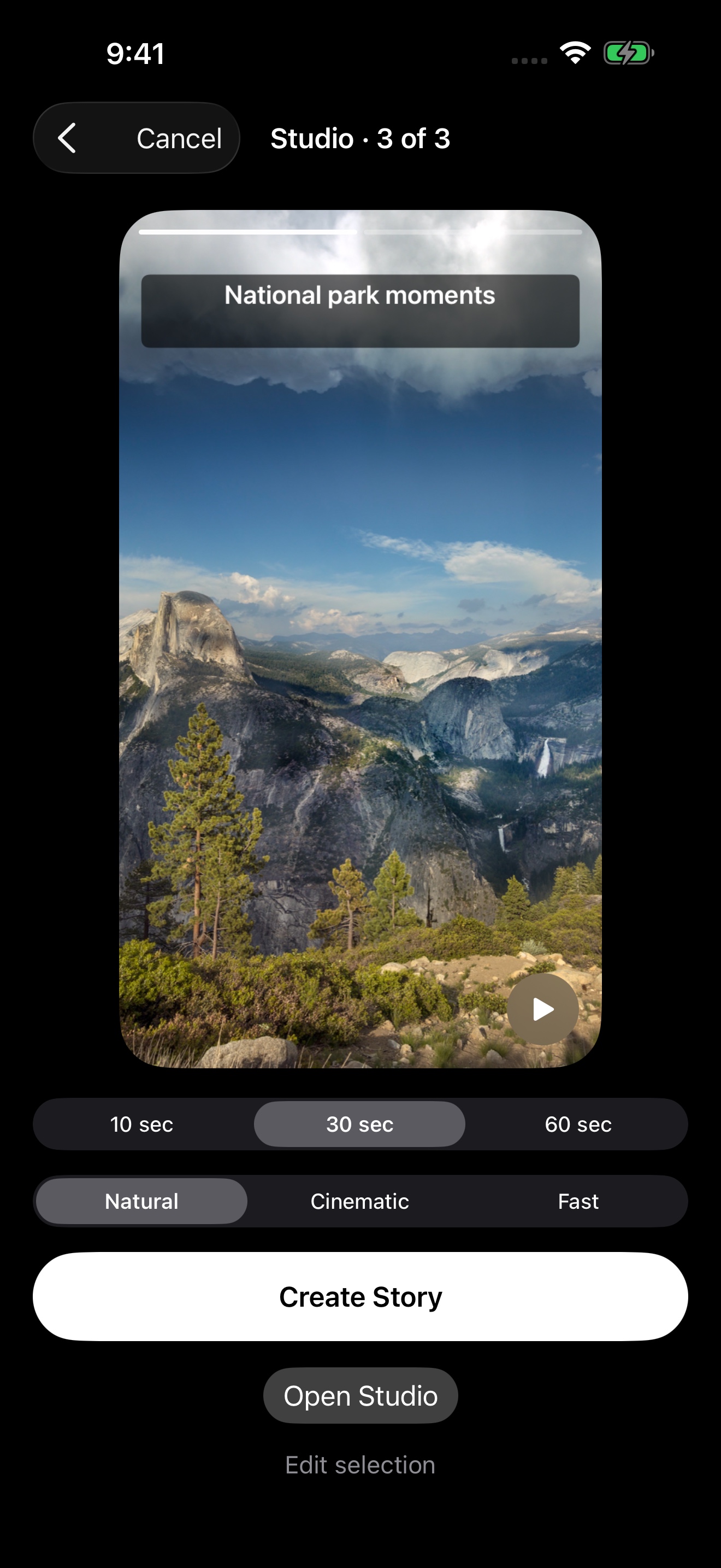 Actual Pastfold preview of a landscape photo story with duration and style controls.